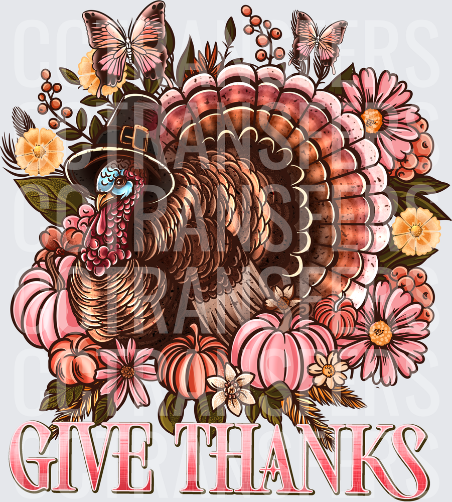 Give Thanks Pilgrim Turkey Floral Butterflies Pumpkins (DTF)