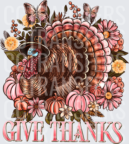 Give Thanks Pilgrim Turkey Floral Butterflies Pumpkins (DTF)