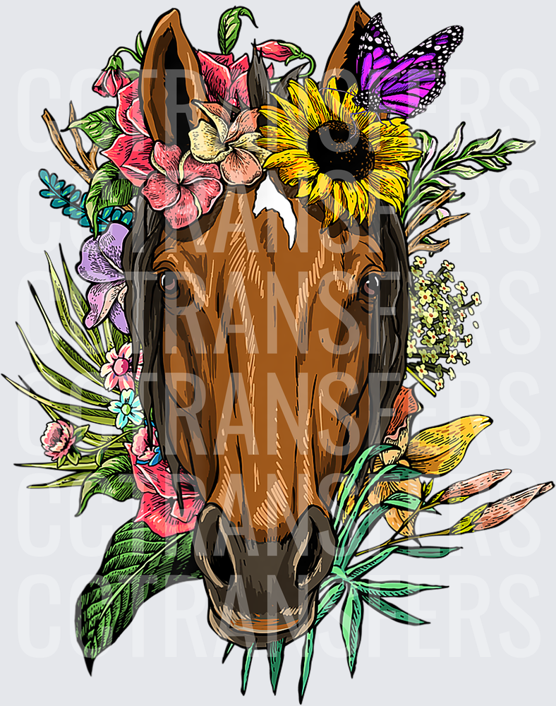 Brown Horse Portrait Floral Crown Sunflower Butterfly (DTF)