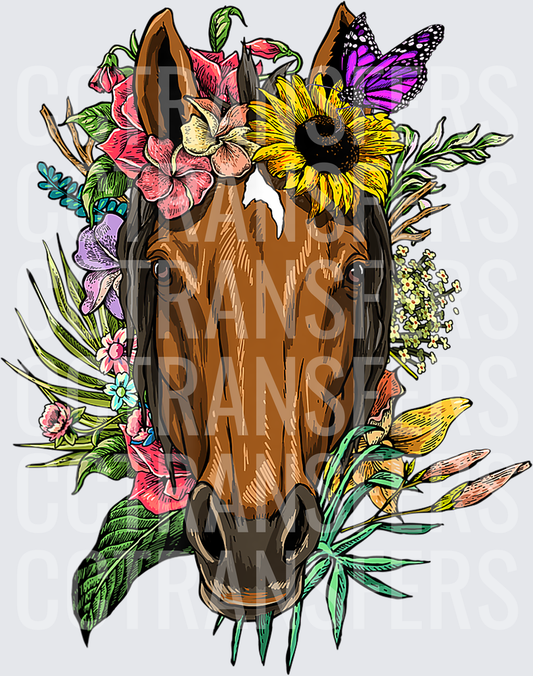 Brown Horse Portrait Floral Crown Sunflower Butterfly (DTF)
