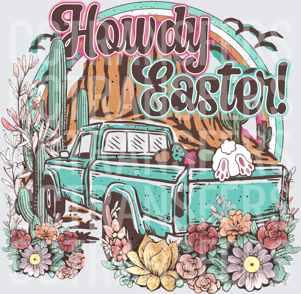 Howdy Easter Turquoise Truck Desert Floral Bunny (DTF)