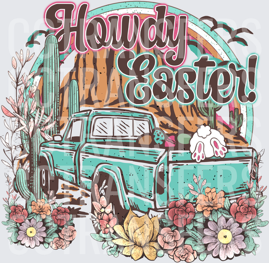Howdy Easter Turquoise Truck Desert Floral Bunny (DTF)