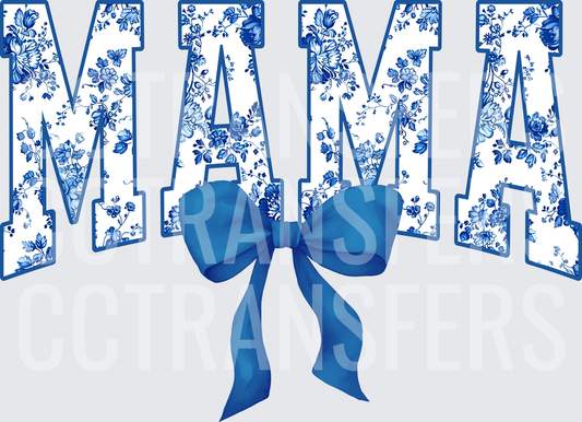 Blue Floral MAMA Letters with Satin Bow (DTF)