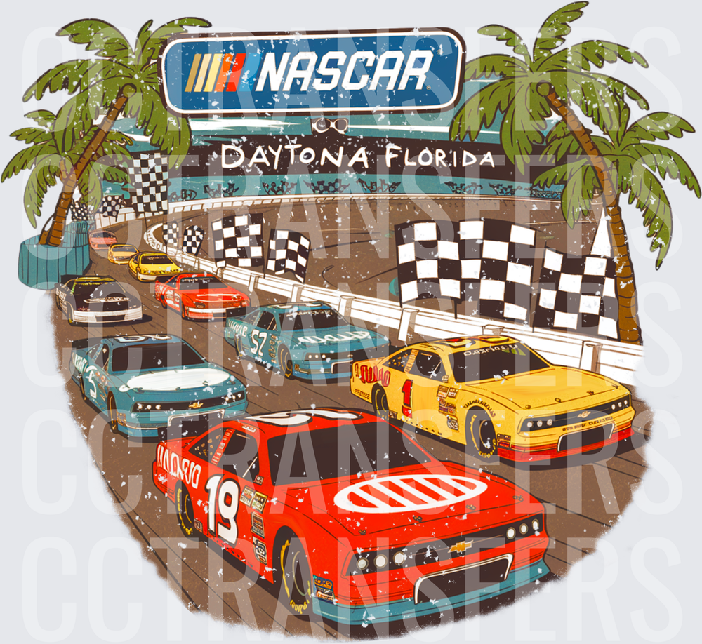 Daytona Florida Stock Car Racing Palm Trees Checkered Flags (DTF)