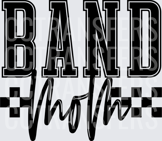 Band Mom Varsity Script Checkered Flag Design (DTF)