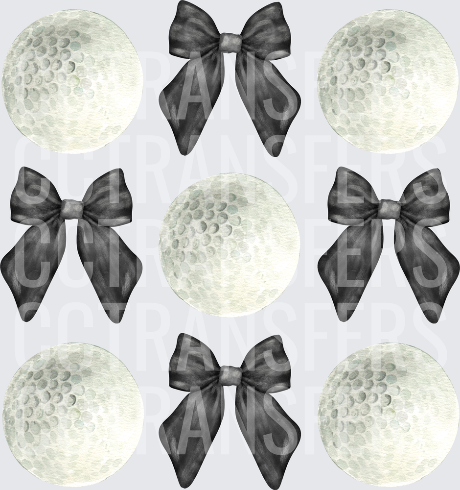 Watercolor Golf Balls and Black Satin Bows Pattern (DTF)