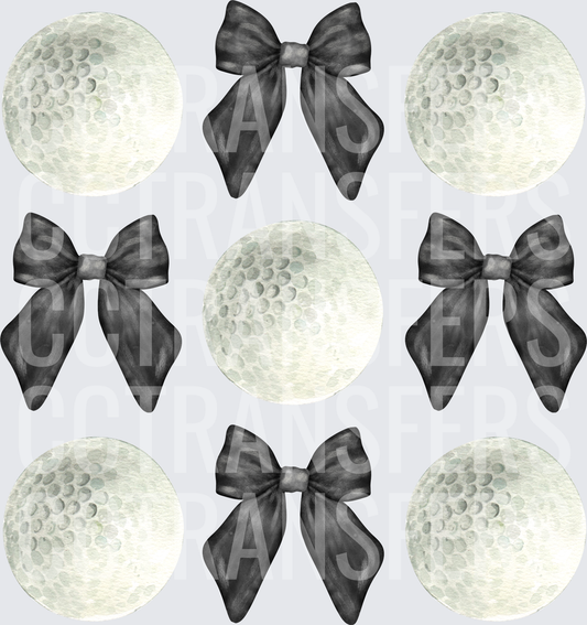 Watercolor Golf Balls and Black Satin Bows Pattern (DTF)