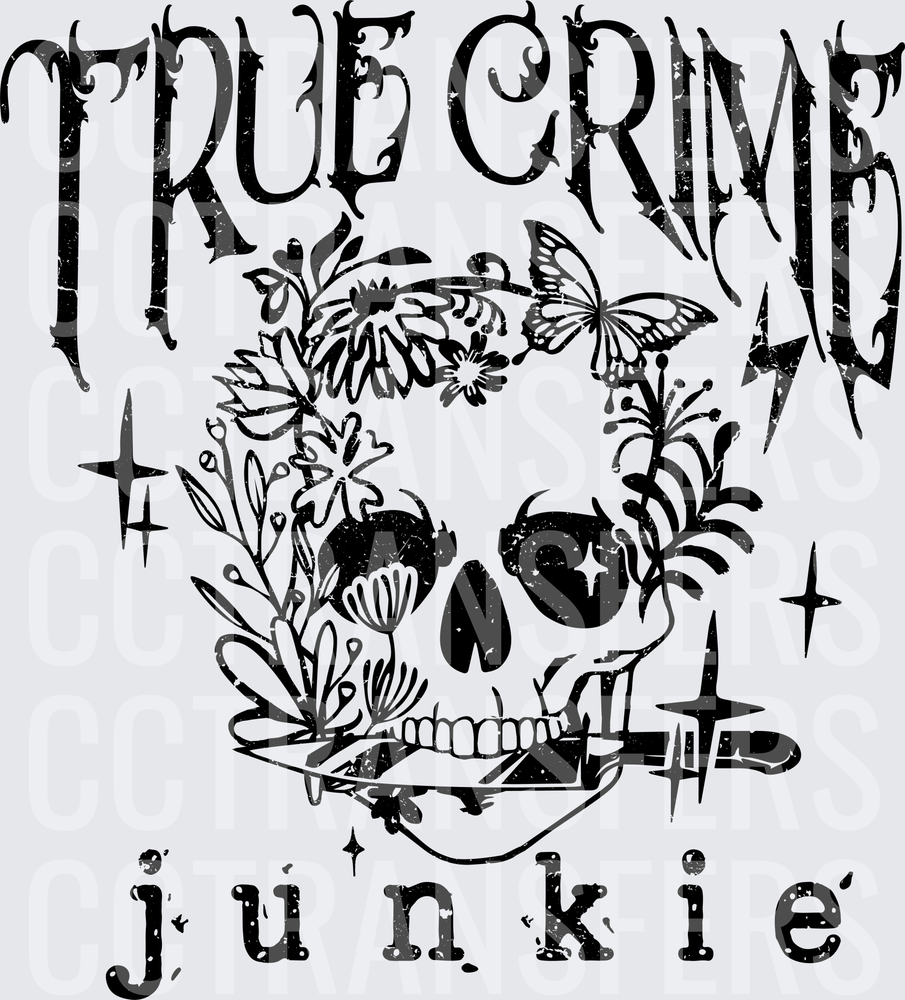 True Crime Junkie Floral Skull with Knife and Butterflies (DTF)