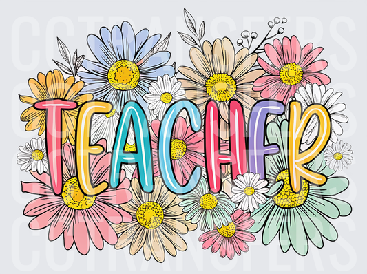Colorful Floral Teacher Bold Letter Doodle Design (DTF)