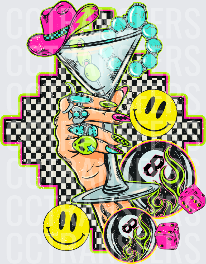 Retro Checkered Hand Martini Cowboy Hat Smiley 8 Ball (DTF)