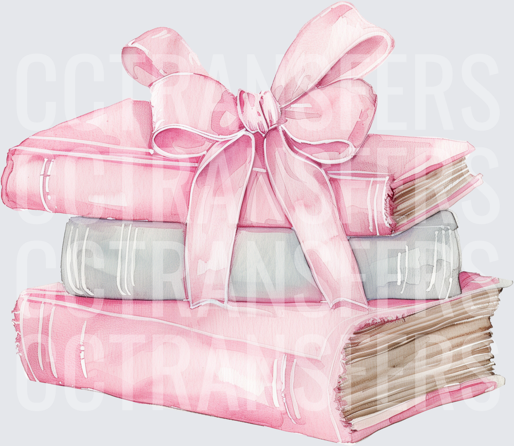Watercolor Pink Stacked Books with Bow (DTF)