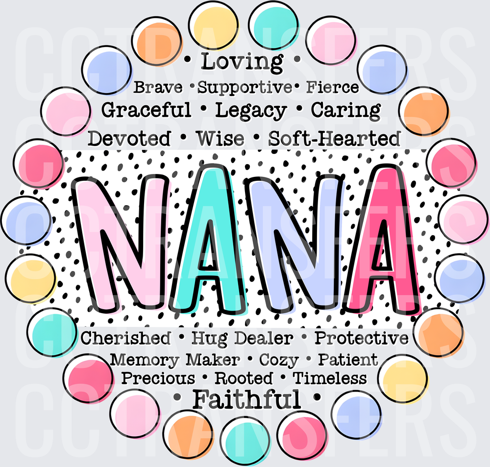 Nana Word Art Pastel Polka Dot Circle Design (DTF)