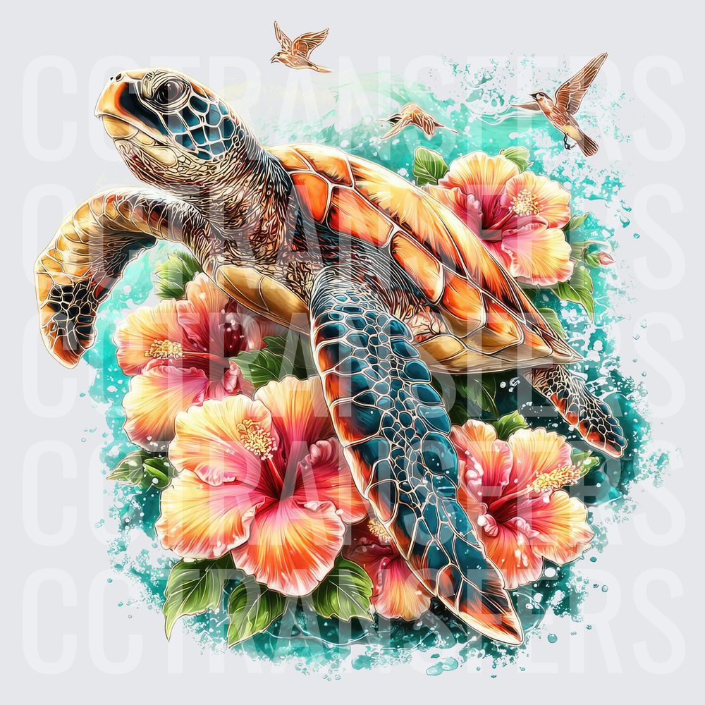 Tropical Sea Turtle Hibiscus Flowers Hummingbirds Teal Splash (DTF)