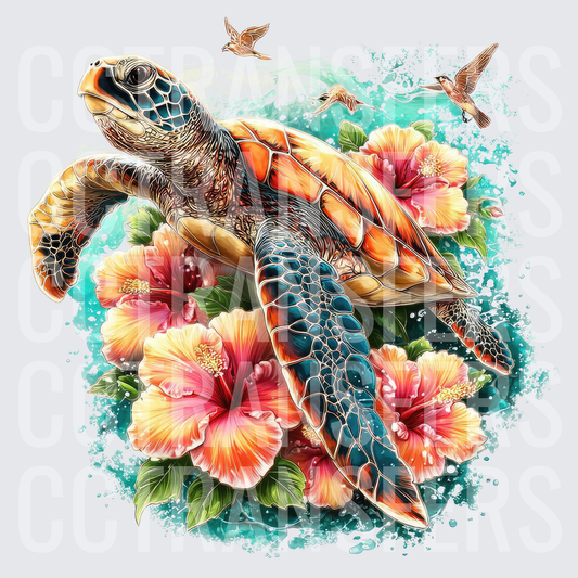 Tropical Sea Turtle Hibiscus Flowers Hummingbirds Teal Splash (DTF)