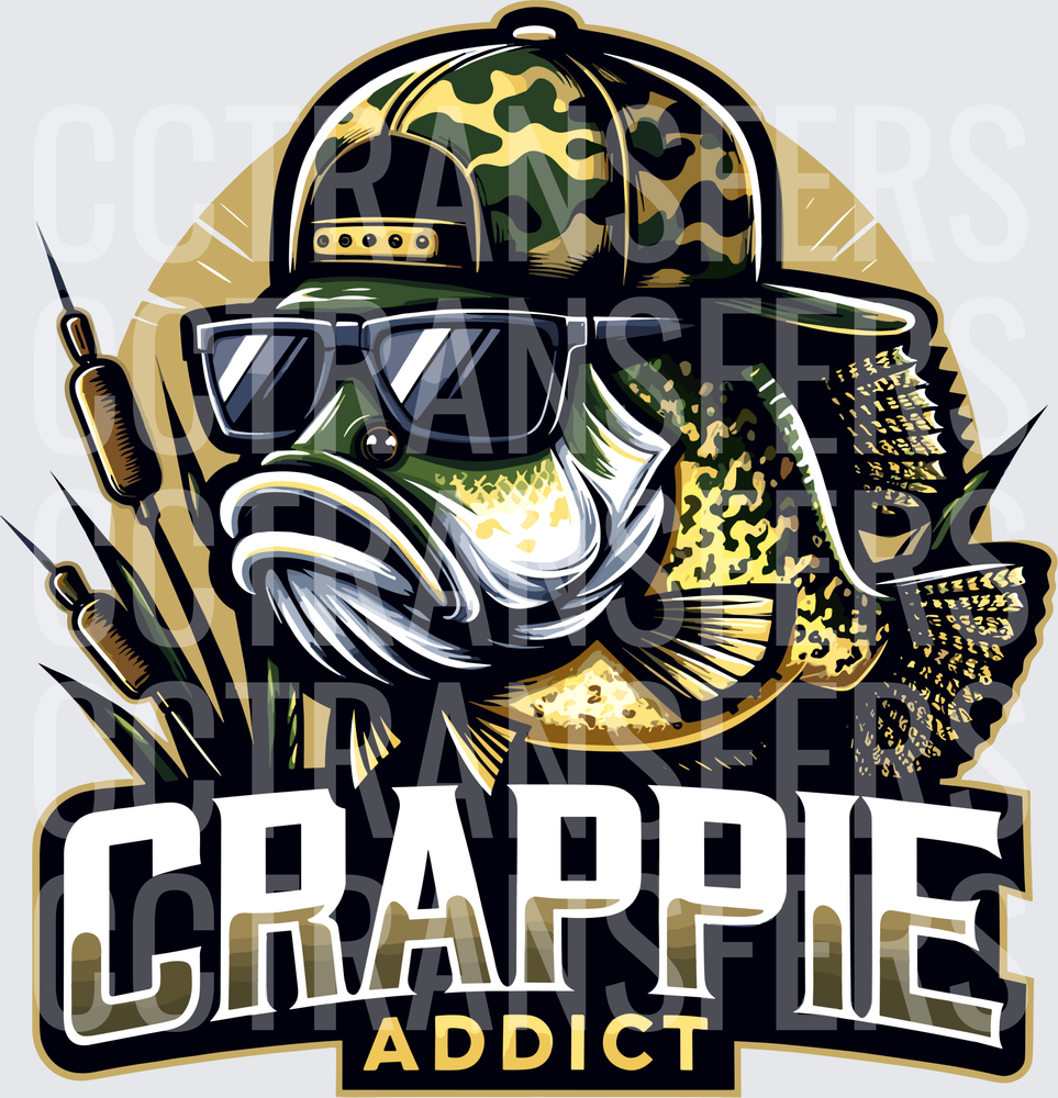 Crappie Addict Fish Wearing Camo Hat & Sunglasses (DTF)