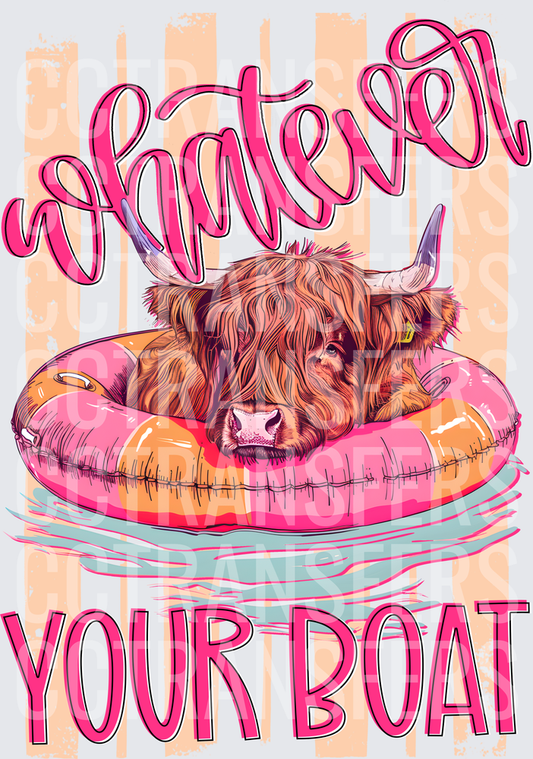 Whatever Your Boat Highland Cow Floating in Pink Tube (DTF)