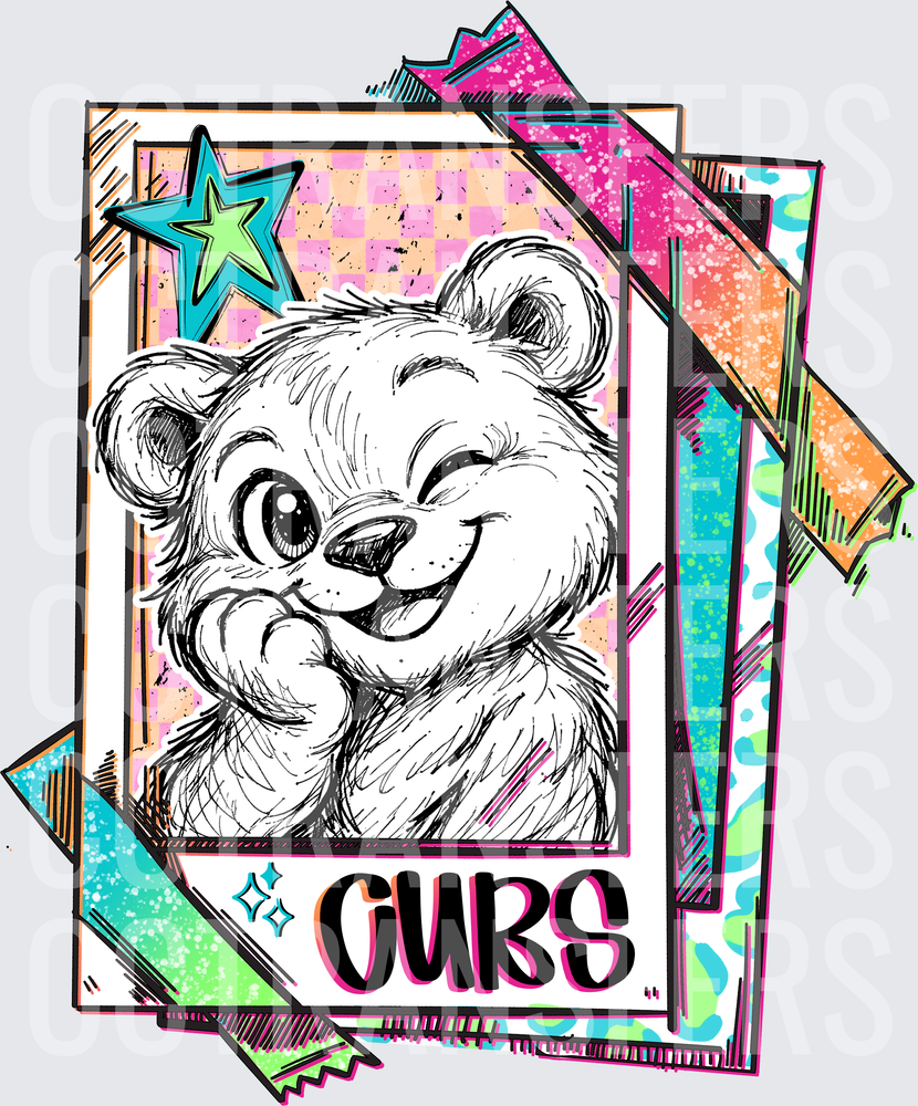 Cute Winking Bear Cub Sketch Retro Card Stack Cubs DTF