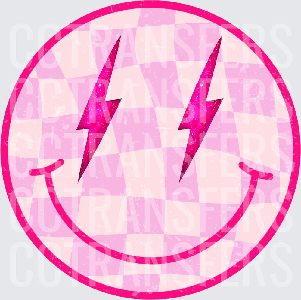 Pink Checkered Smiley Face with Glitter Lightning Bolts (DTF)