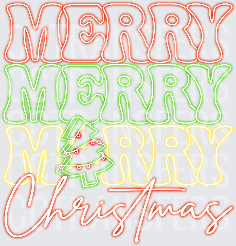 Merry Merry Merry Christmas Neon Retro Tree Design (DTF)