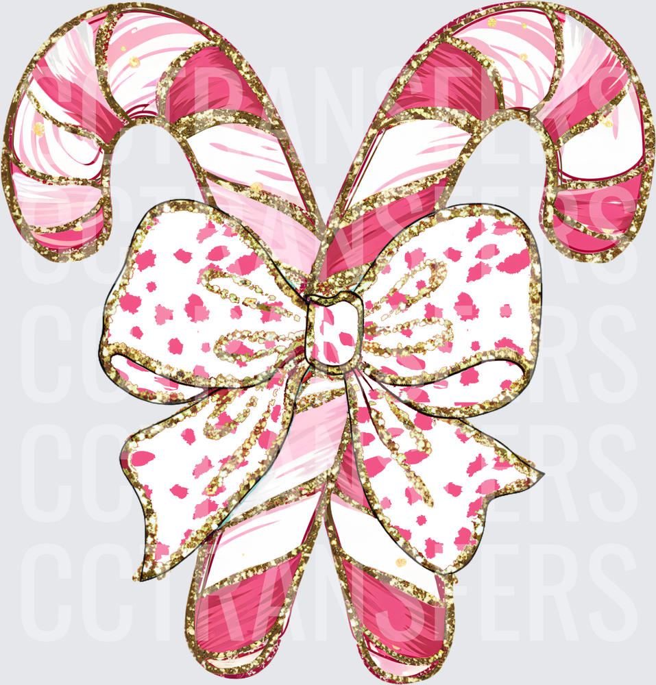 Pink Gold Glitter Candy Canes Leopard Print Bow (DTF)
