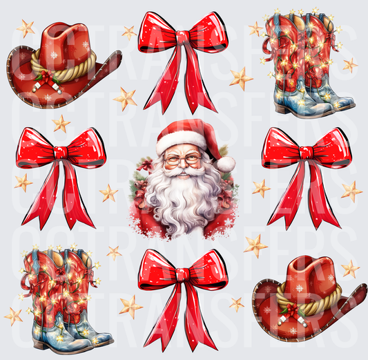 Western Christmas Santa Cowboy Boots Hats Red Bows Stars (DTF)