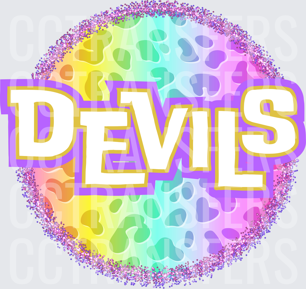 Rainbow Leopard Glitter Circle Devils Bold Text (DTF)