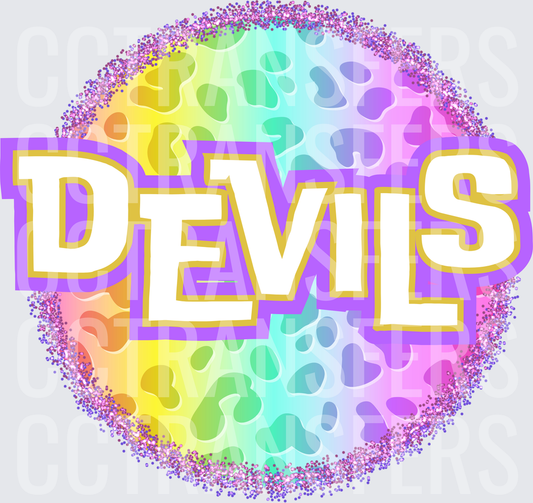 Rainbow Leopard Glitter Circle Devils Bold Text (DTF)