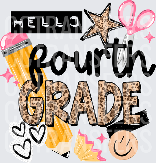 Hello Fourth Grade Leopard Print School Supply Design (DTF)