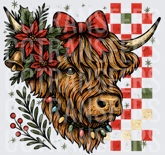 Christmas Highland Cow Red Bow Lights Checker (DTF)