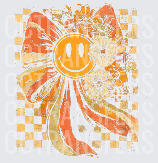 Retro Groovy Smiley Face Sunflower Checkered Boho (DTF)