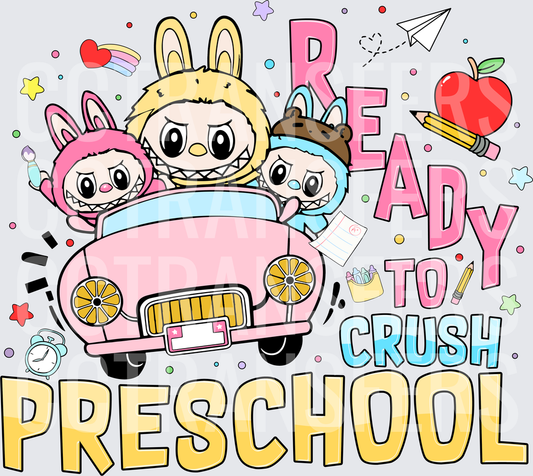 Ready To Crush Preschool Cute Monster Kids in Pink Car (DTF)