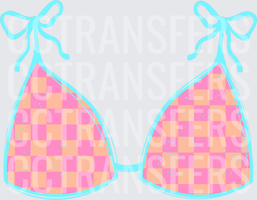 Pink and Peach Checkered Bikini Top with Teal Bows (DTF)