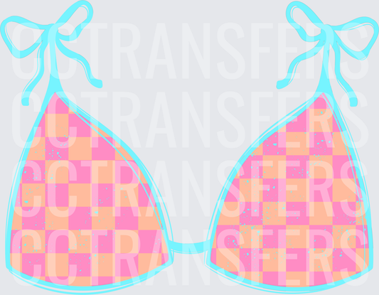 Pink and Peach Checkered Bikini Top with Teal Bows (DTF)