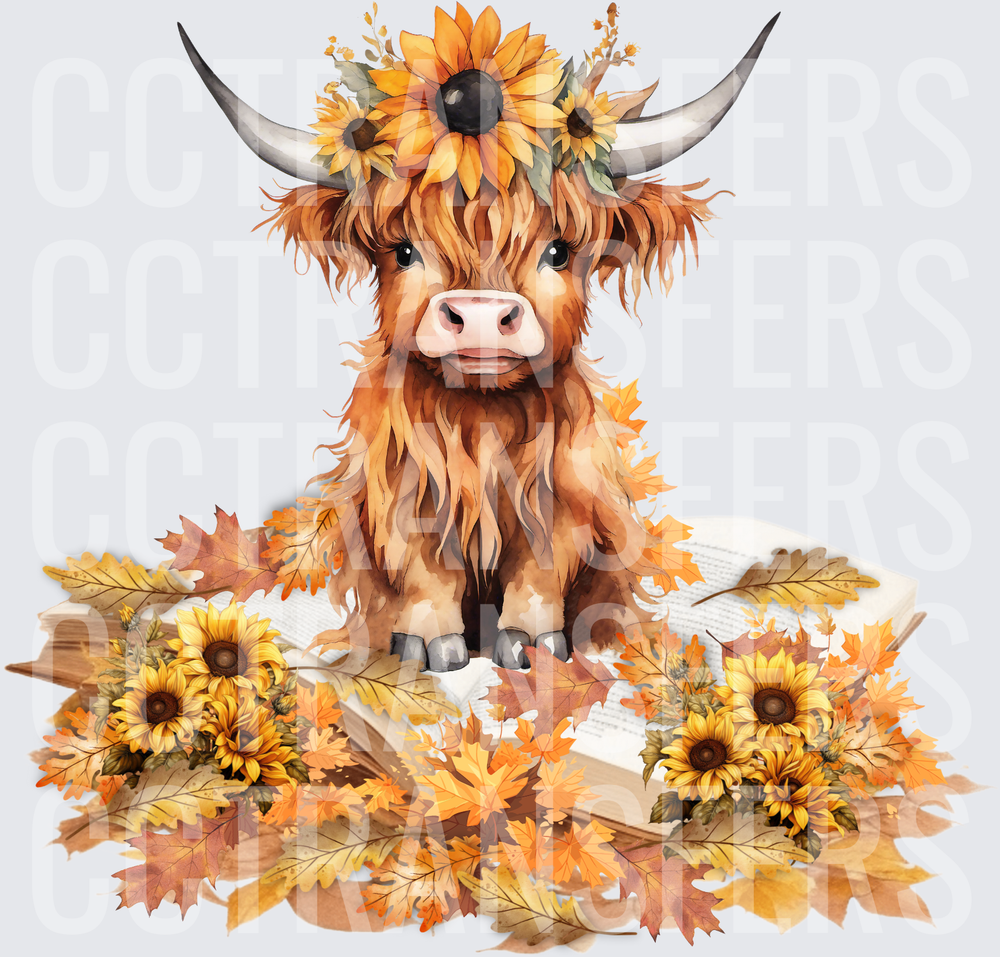 Cute Fluffy Highland Cow Sunflower Crown Fall Books (DTF)