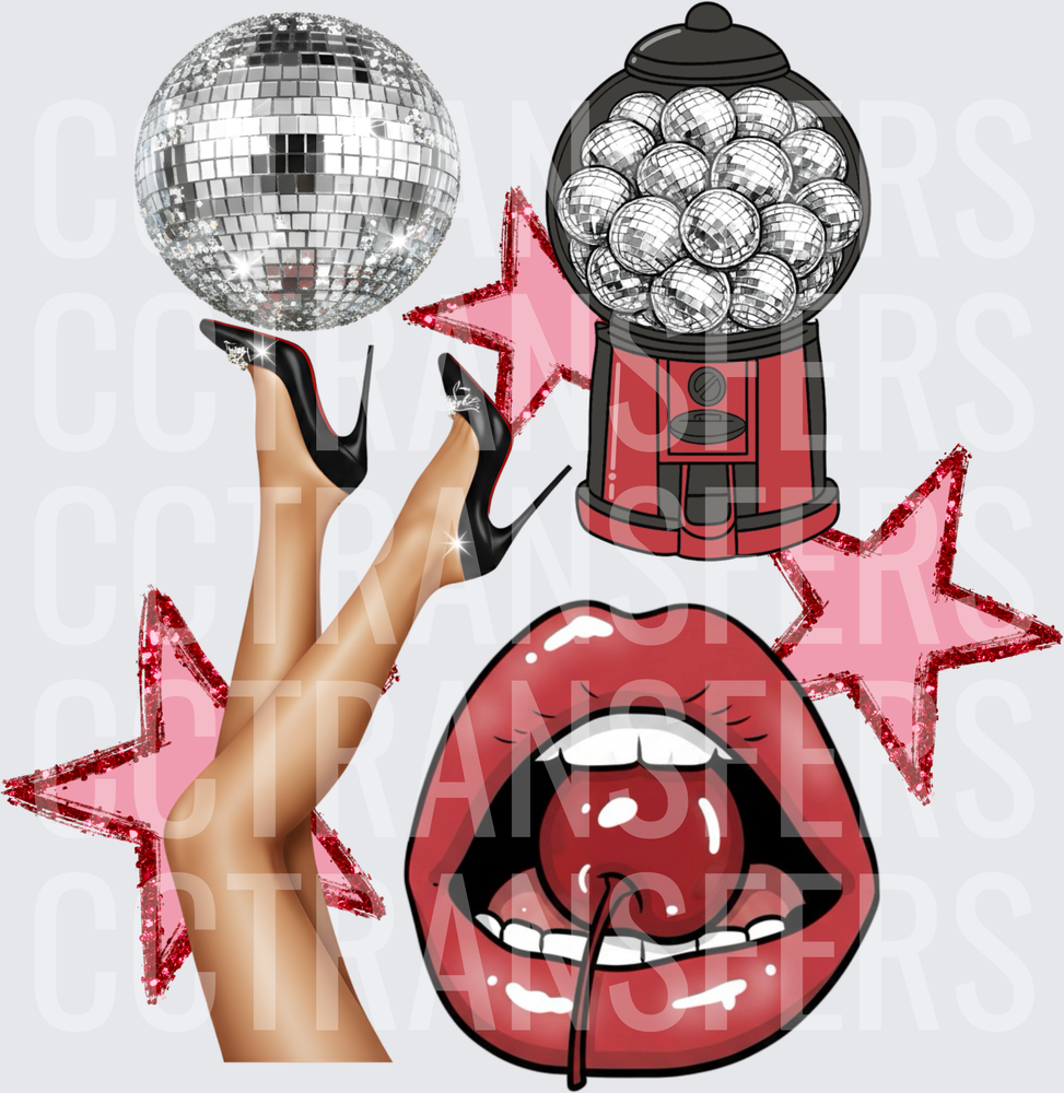 Disco Ball Legs Gumball Machine Red Lips Cherry Stars (DTF)