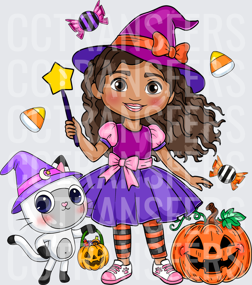 Cute Girl Witch Cat Halloween Candy Pumpkins (DTF)