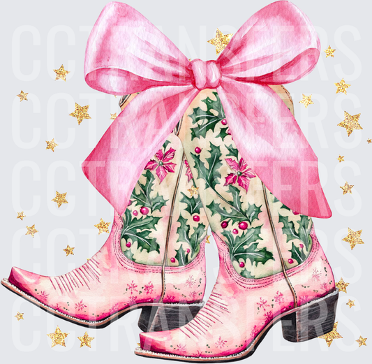 Pink Christmas Cowboy Boots Holly Berries Pink Bow Gold Stars (DTF)