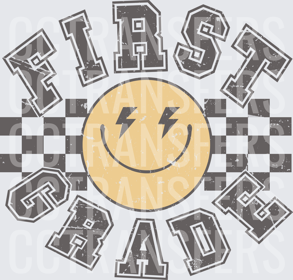 First Grade Lightning Bolt Smiley Face Checkered (DTF)