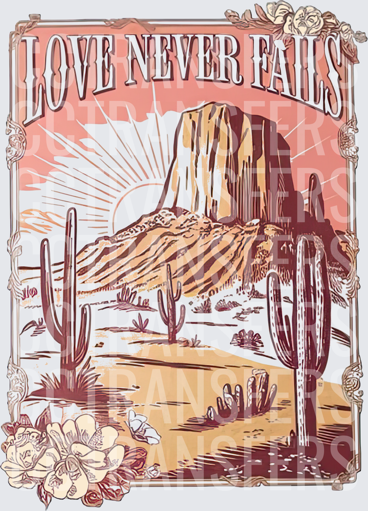 Love Never Fails Desert Mesa Sunset Cactus Scene (DTF)