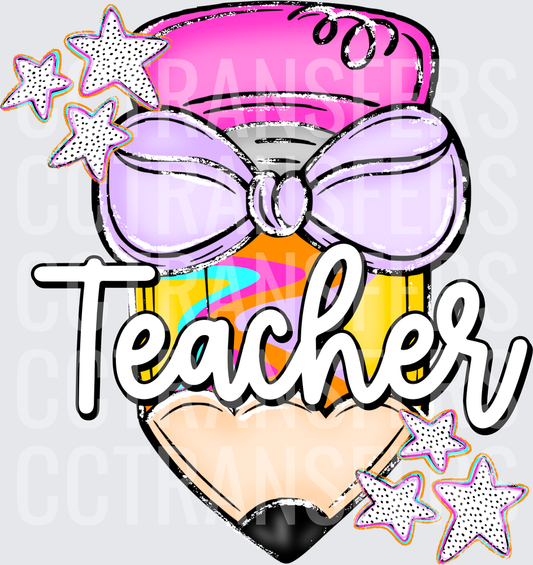 Cute Teacher Pencil with Purple Bow and Stars (DTF)
