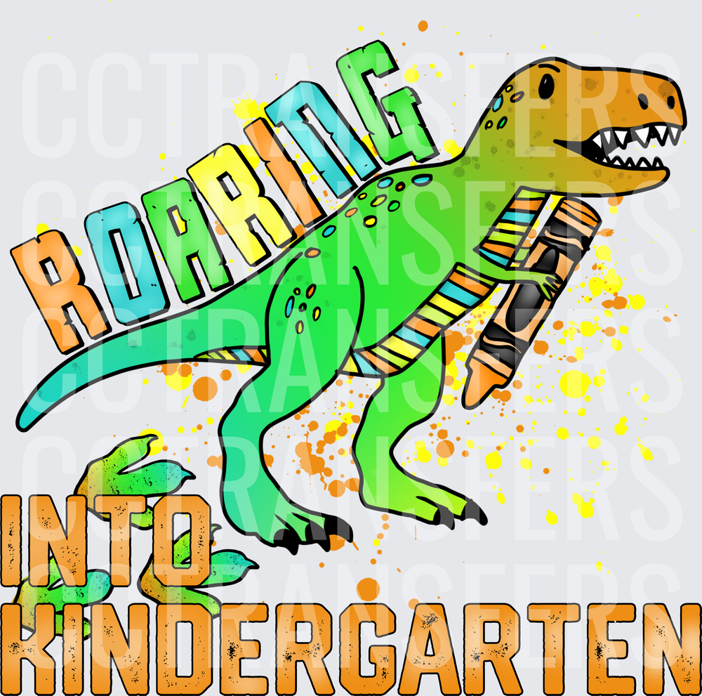 Roaring Into Kindergarten T-Rex Holding Crayons (DTF)
