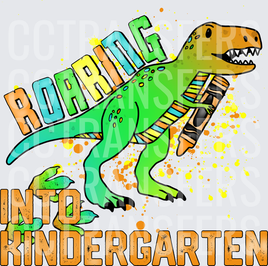 Roaring Into Kindergarten T-Rex Holding Crayons (DTF)