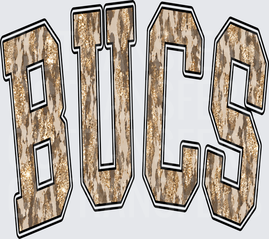BUCS Bold Varsity Letters Glitter Camo Print (DTF)