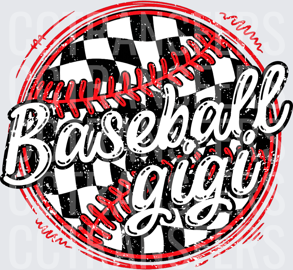 Baseball Gigi Checkered Ball Distressed Script (DTF)