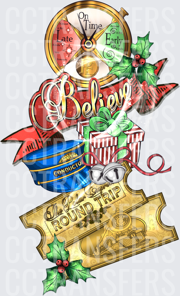 Believe Round Trip Christmas Train Ticket Conductor Hat (DTF)