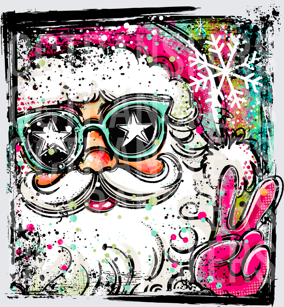 Graffiti Pop Art Santa Teal Star Shades Peace Sign DTF