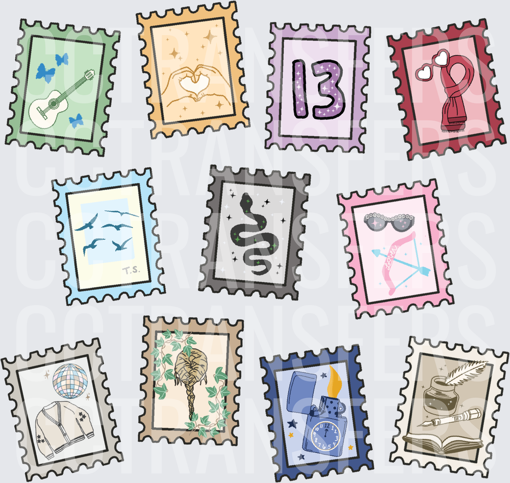 Postage Stamp Collection Music Snake Lucky 13 Icons (DTF)