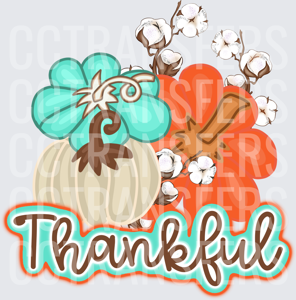 Thankful Teal Orange Pumpkins Cotton Stems Fall (DTF)