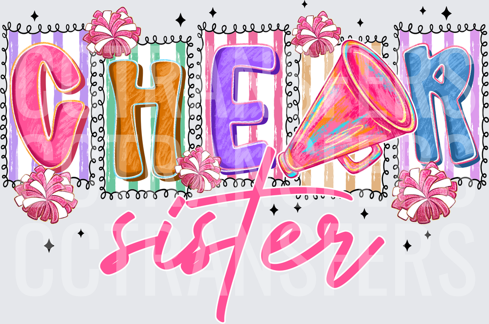 Cheer Sister Megaphone Pom Pom Colorful Block Letters (DTF)