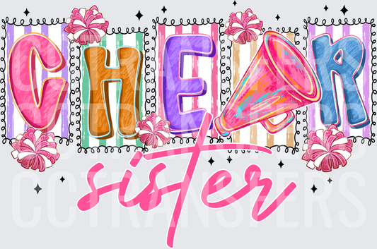 Cheer Sister Megaphone Pom Pom Colorful Block Letters (DTF)